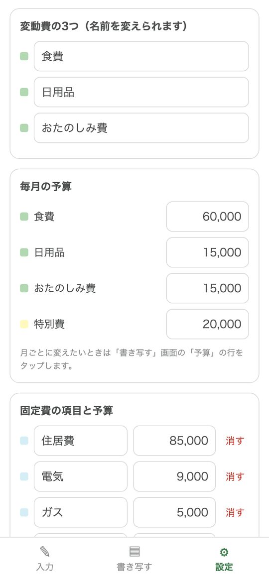設定の画面。費目の名前と毎月の予算